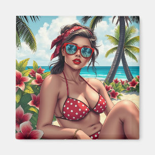 Imán Bikini rojo, gafas de sol y mujer andana