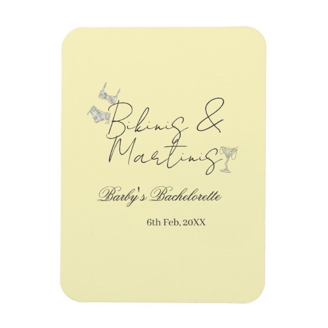 Imán Bikins & Martinis bachelorette party yellow retro (Vertical)