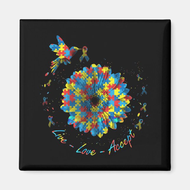Imán Bird Flower Ribbon Puzzle Live Love Acepta Autismo (Frente)