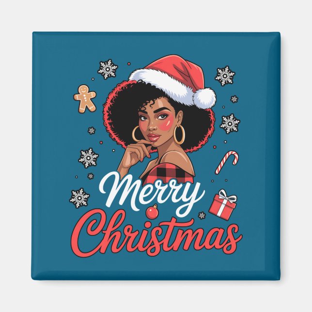 Imán Black African Girl American Merry Christmas Santa  (Frente)