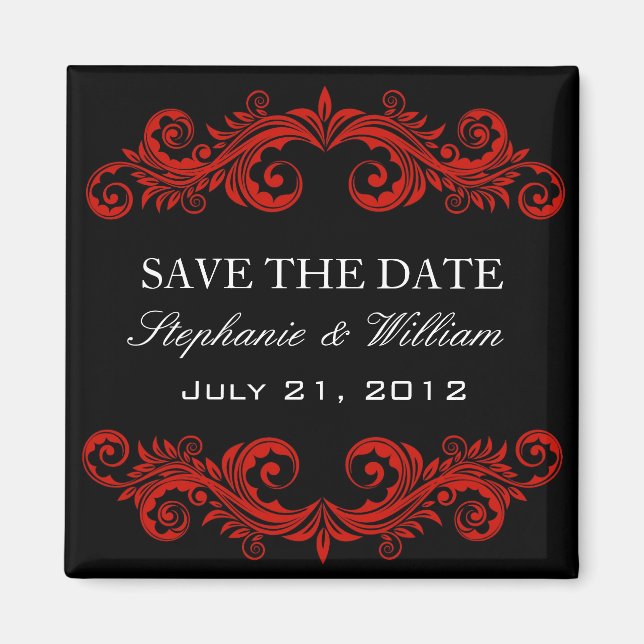 Imán Black and Red Swirl Save the Date Magnet (Frente)