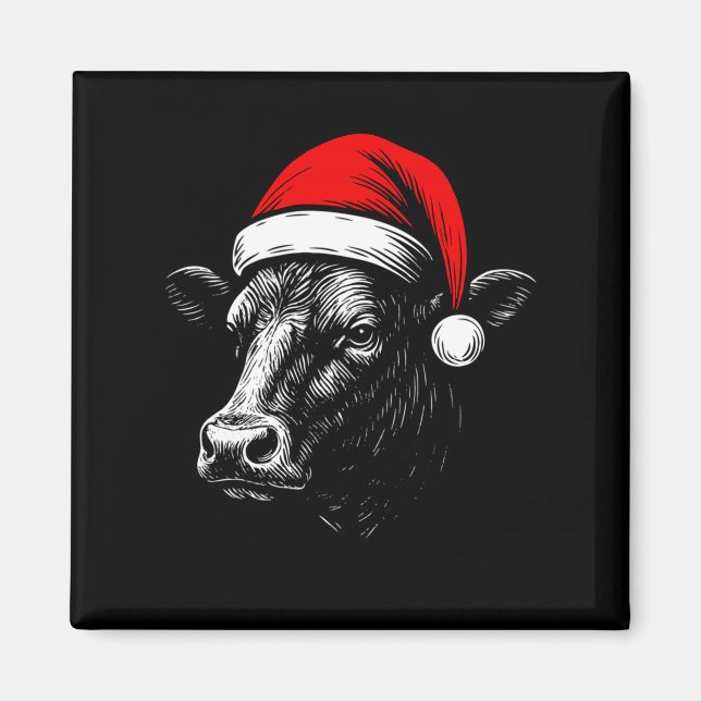 Imán Black Angus Rancher Christmas Cow Santa Hat Farmer (Frente)
