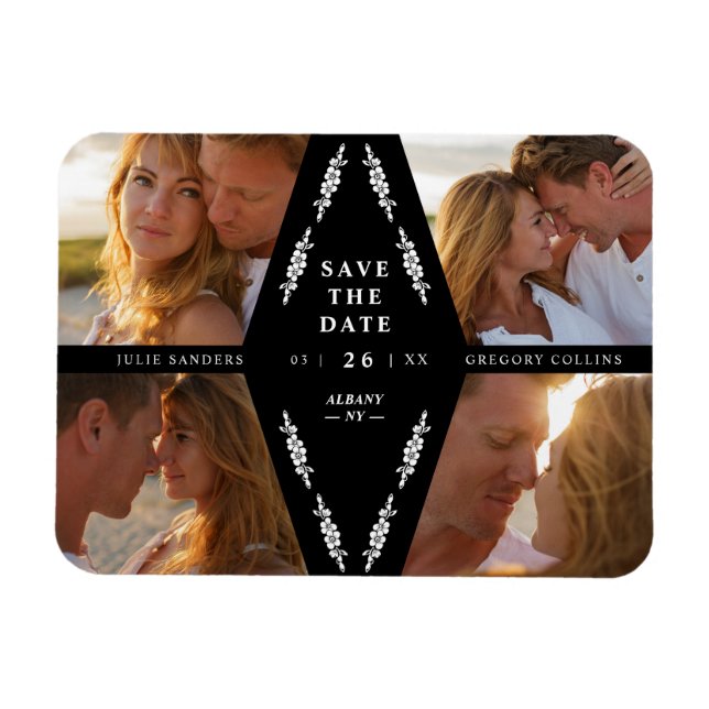 Imán Black Botanical Modern Collage 4 Photos Wedding (Horizontal)