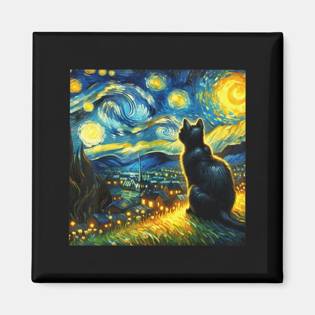 Imán Black Cat Funny Cat Lover Mom Daddy Starry Night V (Frente)
