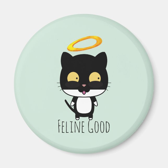 Imán Black Cat Gracioso Pun Con Halo - Feline Good (Frente)