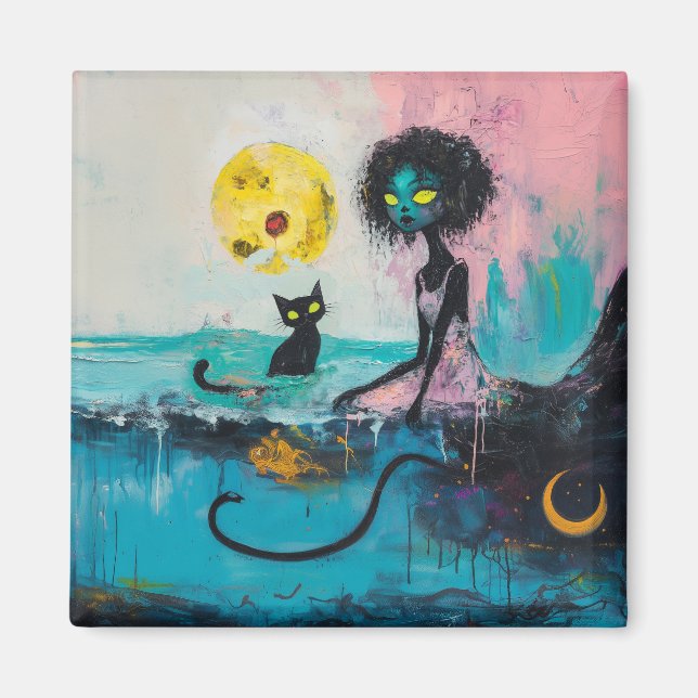 Imán Black Cat Moon Ocean Pink Magical Witchen Arte de  (Frente)
