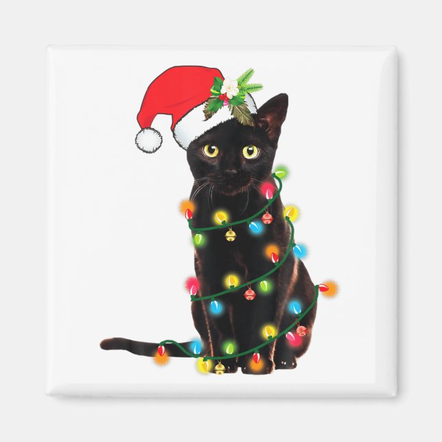 Imán Black Cat Santa Tangled Up In Christmas Lights  (Frente)