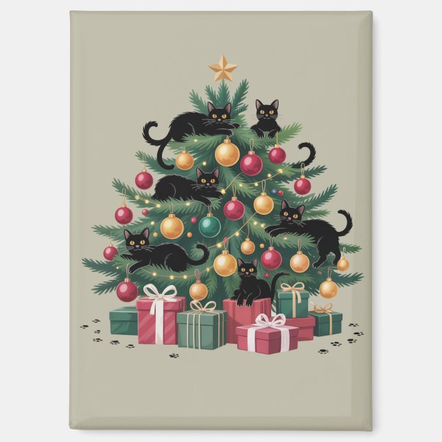 Imán Black Cats Christmas Tree Cat Lover Xmas Luces (Anverso)
