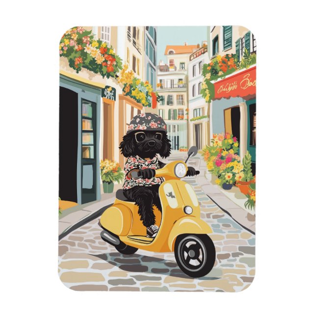Imán Black Doodle Riding Scooter European City Streets (Vertical)