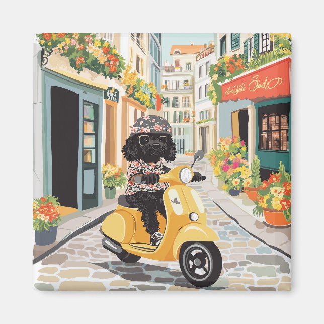 Imán Black Doodle Riding Scooter European City Streets (Frente)