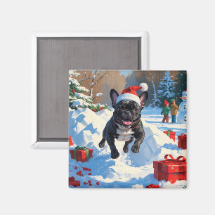 Imán Black French Bulldog Navidad Escena Festiva de Nie