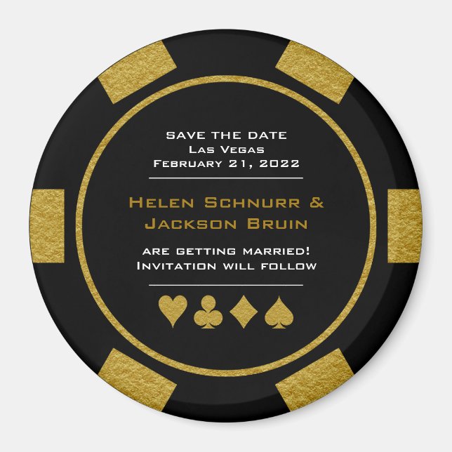 Imán Black Gold Casino Poker Chip Wedding Save The Date (Frente)