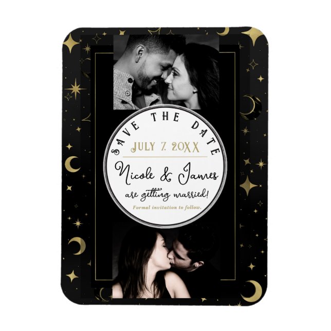 Imán Black & Gold Celestial Moon & Stars Salvar la Fech (Vertical)