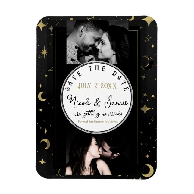 Imán Black & Gold Celestial Moon & Stars Save the Date (Vertical)