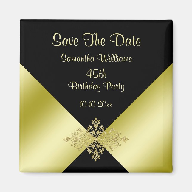 Imán Black & Gold Elegance 45th Birthday Save The Date (Frente)