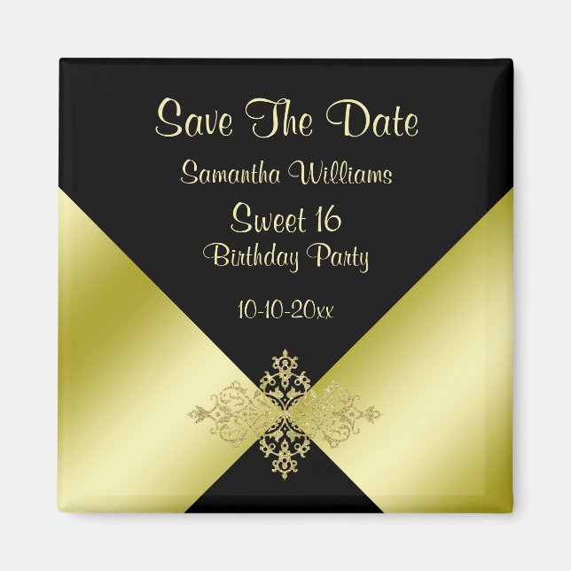 Imán Black & Gold Elegance Sweet 16 Save The Date (Frente)