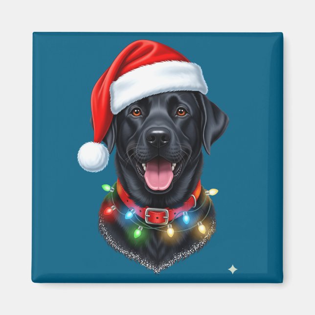 Imán Black Lab Labrador Christmas Dog Santa Hat Light P (Frente)