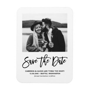 Imán Black Modern Calligraphy Photo Save the Date