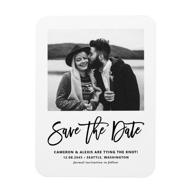 Imán Black Modern Calligraphy Photo Save the Date (Vertical)