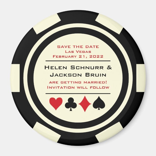 Imán Black Off White Poker Chip Casino Guardar la fecha (Frente)
