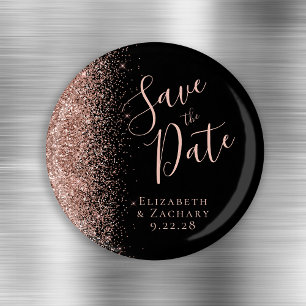 Imán Black Rose Gold Glitter Script Salva la Fecha
