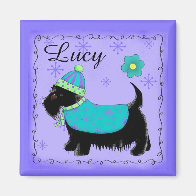 Imán Black Scottie Terrier Dog Name Personalized Purple (Frente)