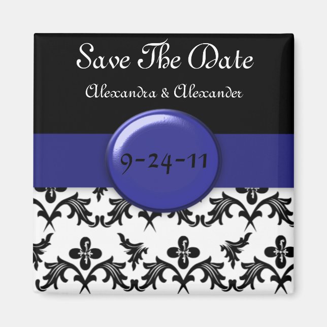 Imán Black White Damask WIth Royal Blue Save The Date (Frente)
