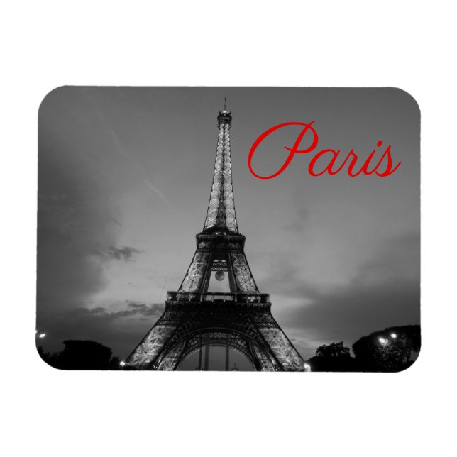 Imán Black White Paris City Night Eiffel Tower European (Horizontal)