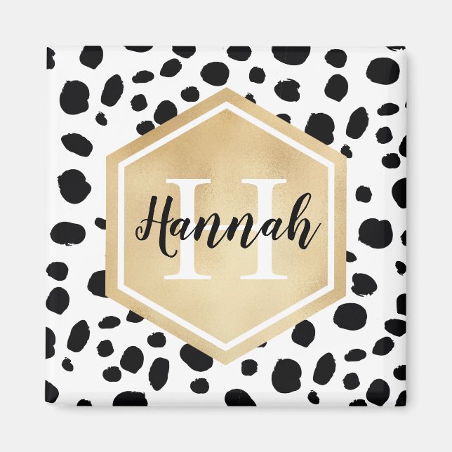 Imán Black White Spots Pattern Gold Monogram (Frente)