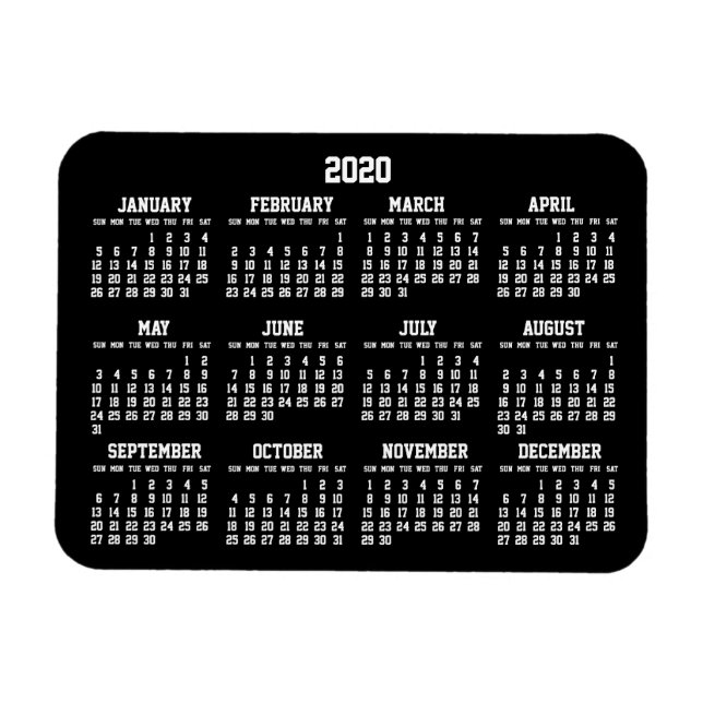 Imán Black Yearly Calendar 2020 Small Flexible Magnets (Horizontal)