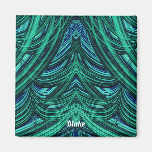 Imán BLAKE ~ 3D Diseño fractal azul ~ verde (Frente)
