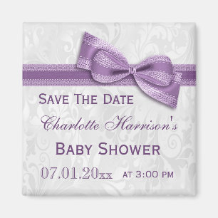 Imán Blancas Damask & Faux Bow Baby Shower Save The Dat