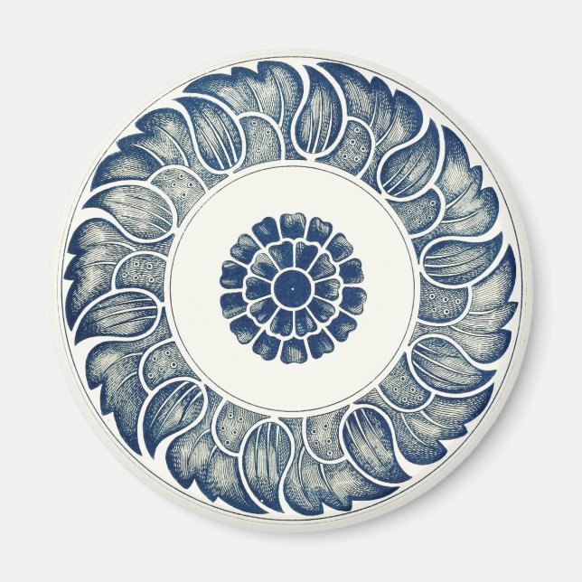 Imán Blanco Azul Floral Chino Redondo (Frente)
