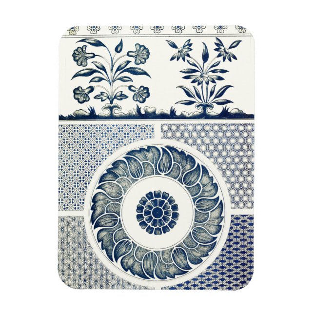 Imán Blanco Azul Floral Chino Redondo (Vertical)