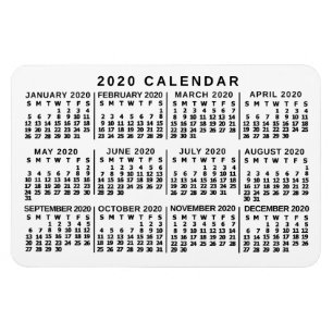 Imán Blanco del calendario mensual de 2020 años y negr