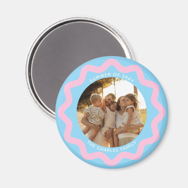 Imán Blue and Pink Wavy Circle Photo Frame with Text (Anverso/Reverso)