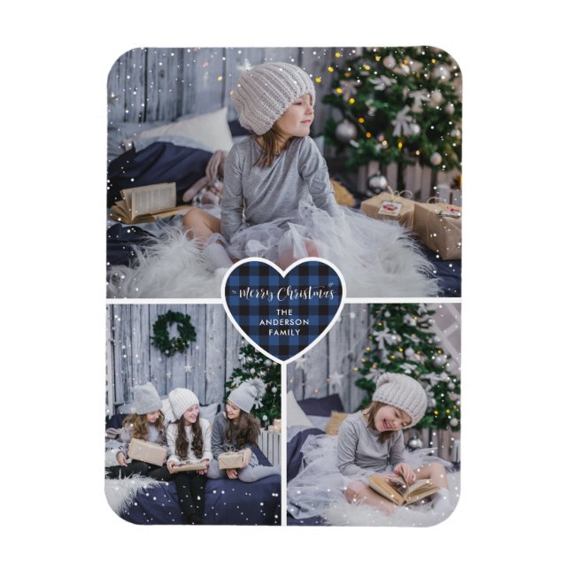 Imán Blue Buffalo Plaid Heart Photo Merry Christmas (Vertical)