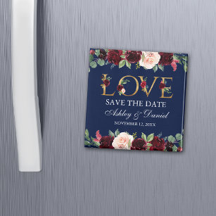 Imán Blue Burgundy Watercolor Floral Love Save the Date