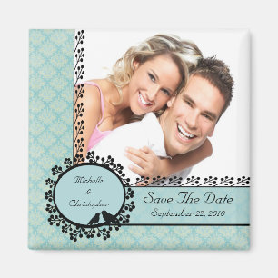 Imán Blue Damask Love Birds Photo Save the Date Magnet
