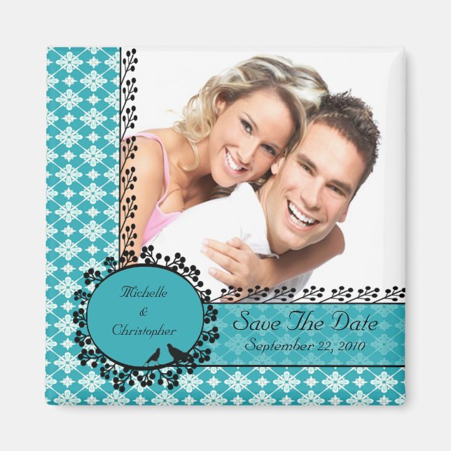 Imán Blue Damask Love Birds Photo Save the Date Magnet (Frente)