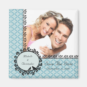 Imán Blue Damask Love Birds Photo Save the Date Magnet