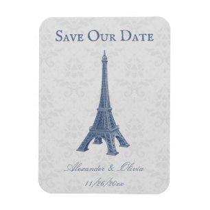 Imán Blue Eiffel Tower Damask Save The Date Magnet