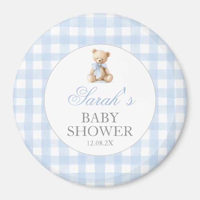 Imán Blue Gingham Bear Baby Shower (Frente)