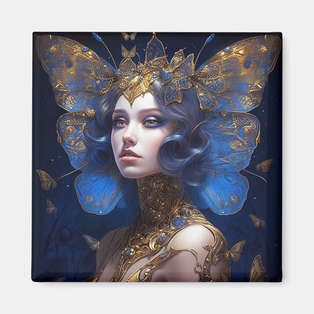 Imán Blue Gold Fairy Fantasy Art (Frente)