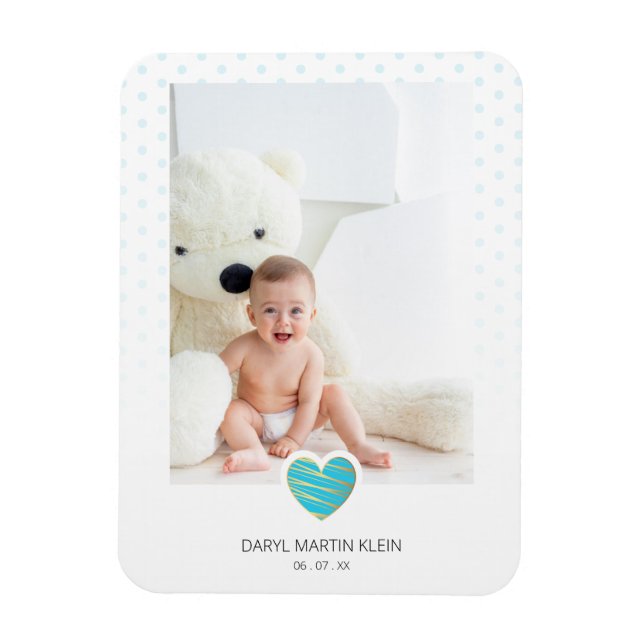 Imán Blue Heart Baby Keepsake Polka Dots Photo (Vertical)