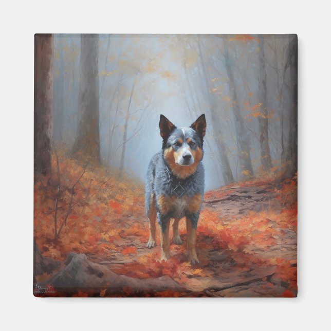 Imán Blue Heeler en otoño se inspira en las hojas de ot (Frente)
