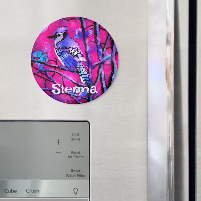 Imán Blue Jay Bird Tree Branch Pink Personalized  (In situ (nevera))