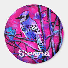 Imán Blue Jay Bird Tree Branch Pink Personalized 