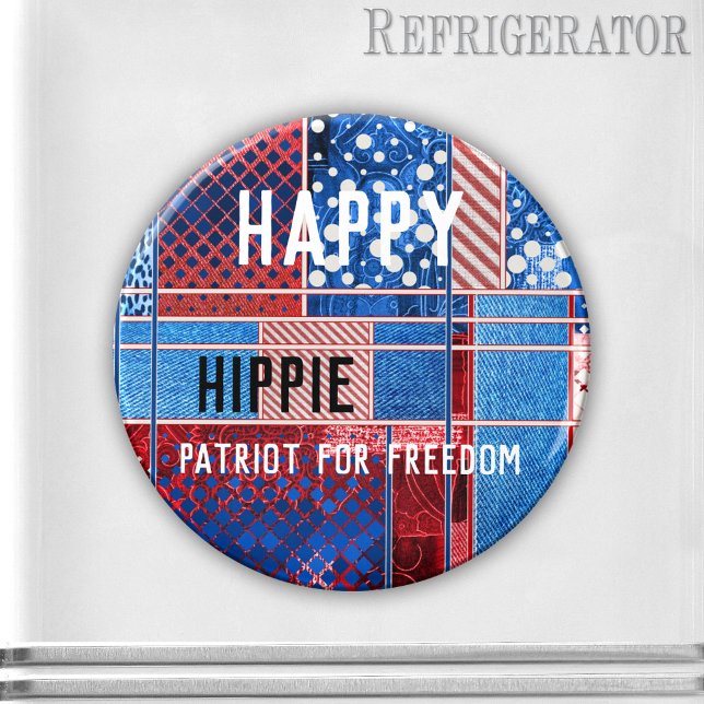 Imán Blue Jeans Patchwork Patriot Magnet (Personalized magnet featuring a modern abstract design with blue jeans and red white playful pattern)
