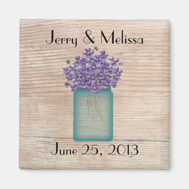 Imán Blue Mason Jar Violets Wedding Favor Magnet (Frente)
